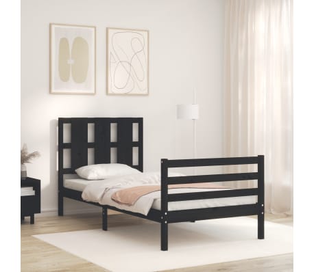 vidaXL Lovos rėmas su galvūgaliu, juodas, 90x200cm, medienos masyvas