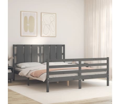 vidaXL Lovos rėmas su galvūgaliu, pilkas, medienos masyvas, didelis