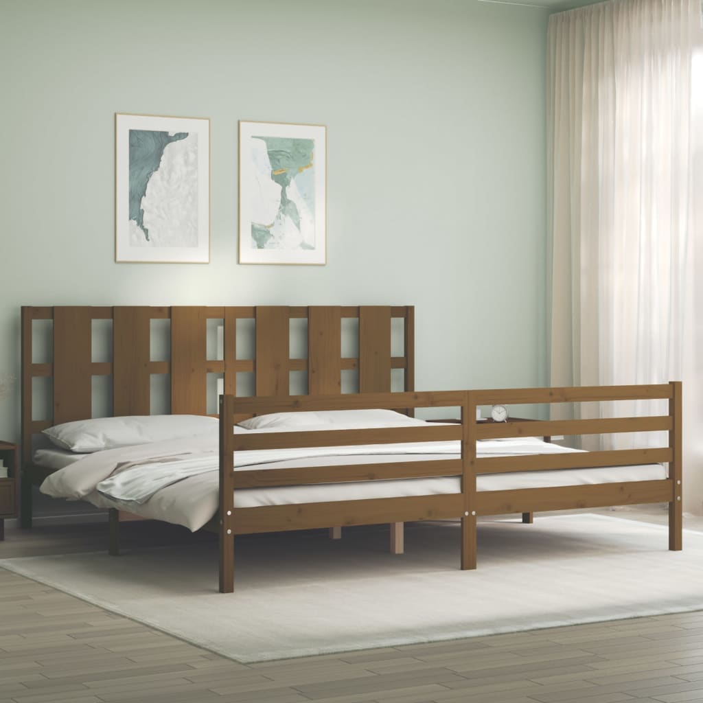vidaXL Cadru pat cu tăblie Super King Size, maro miere, lemn masiv