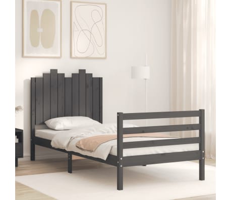 vidaXL Lovos rėmas su galvūgaliu, pilkas, medienos masyvas, vienvietis