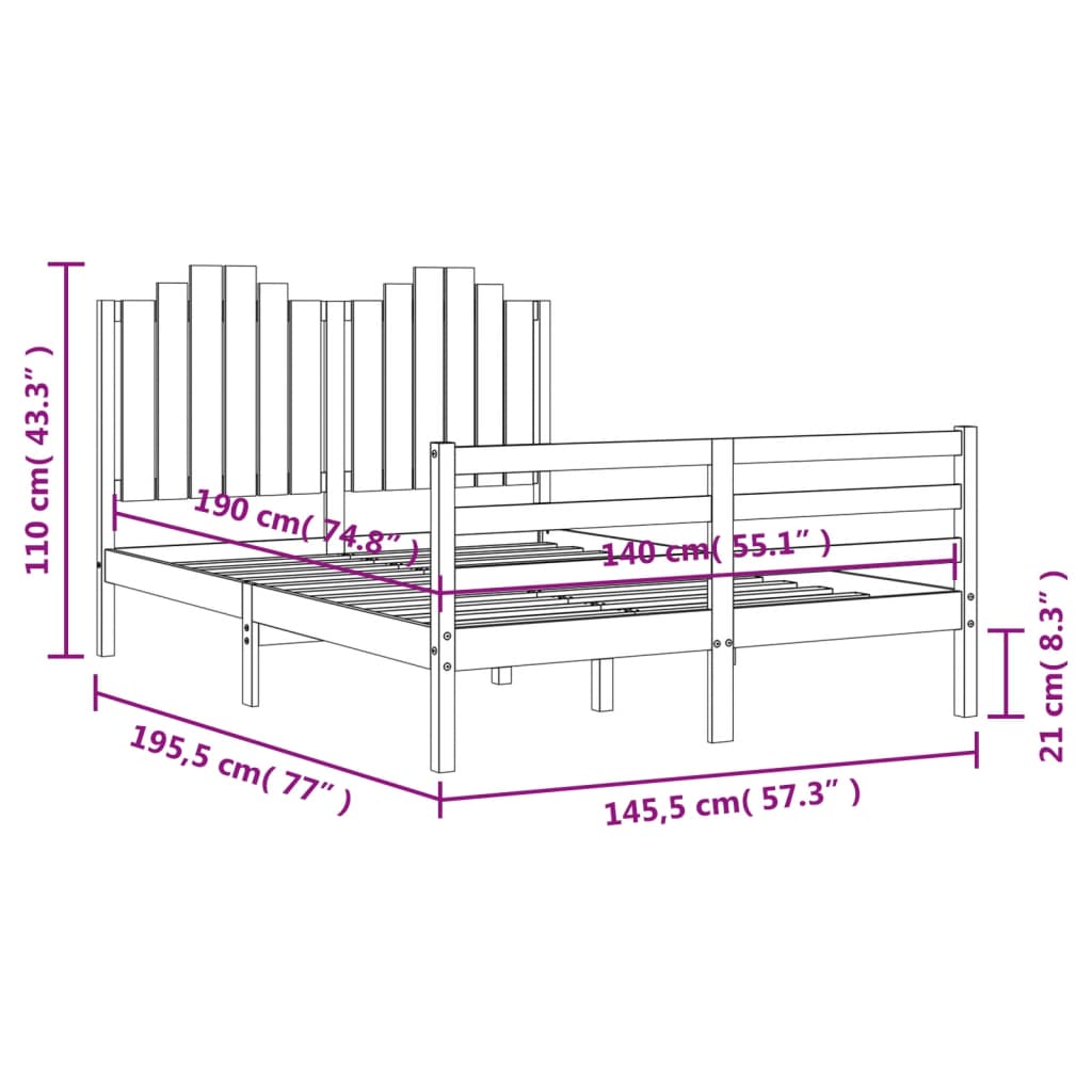 szürke tömör fa ágykeret fejtámlával 140 x 190 cm