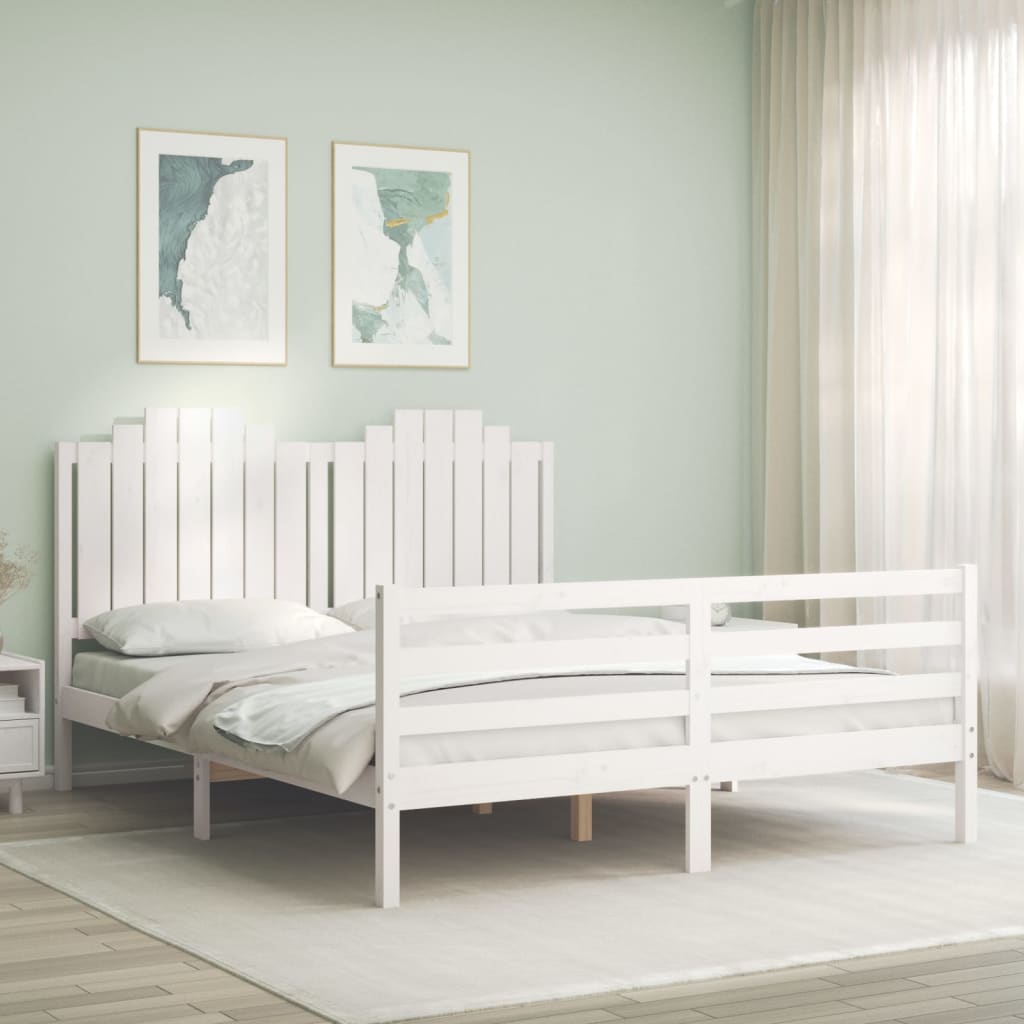 vidaXL Bed Frame with Headboard White King Size Solid Wood