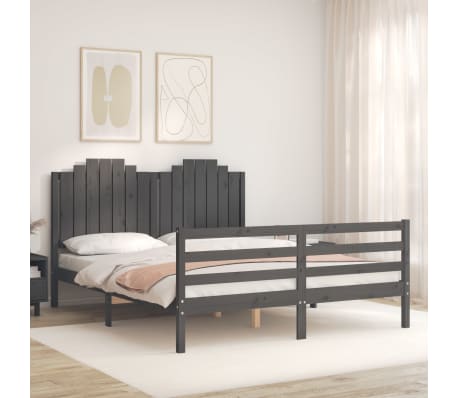 vidaXL Lovos rėmas su galvūgaliu, pilkas, medienos masyvas, didelis