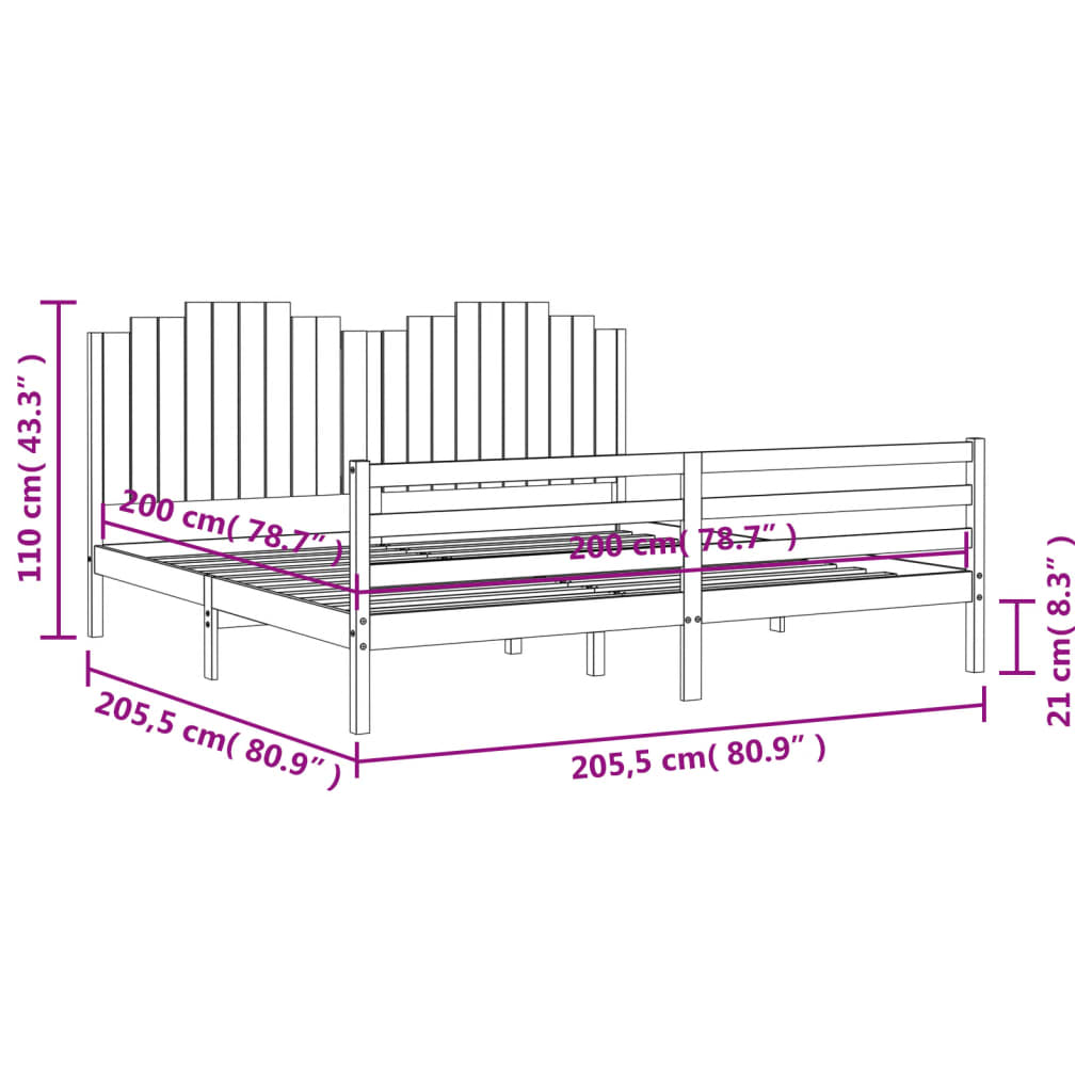 Rám postele s čelem černý 200 x 200 cm masivní dřevo