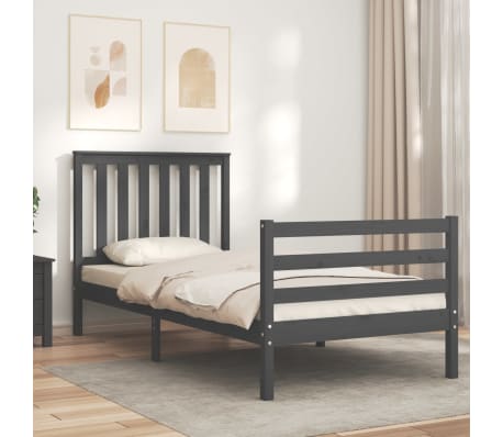 vidaXL Lovos rėmas su galvūgaliu, pilkas, 90x200cm, medienos masyvas