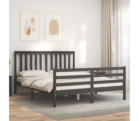 vidaXL Lovos rėmas su galvūgaliu, pilkas, medienos masyvas, didelis