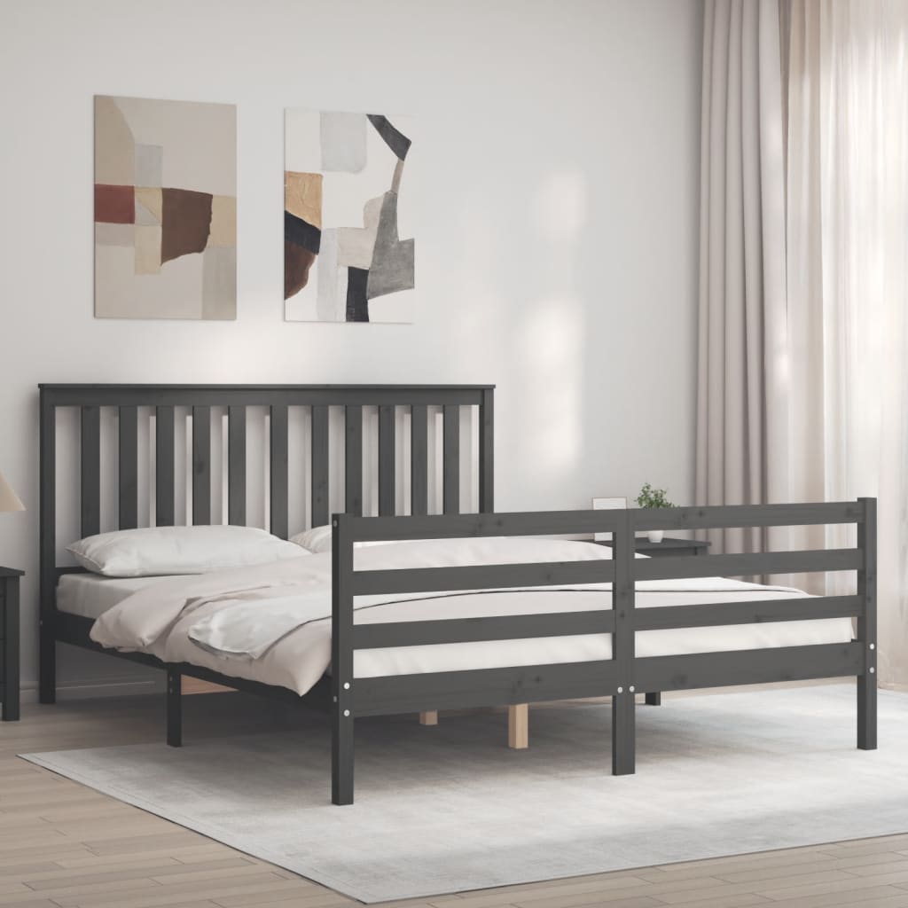 vidaXL Cadru de pat cu tăblie, gri, 160x200 cm, lemn masiv