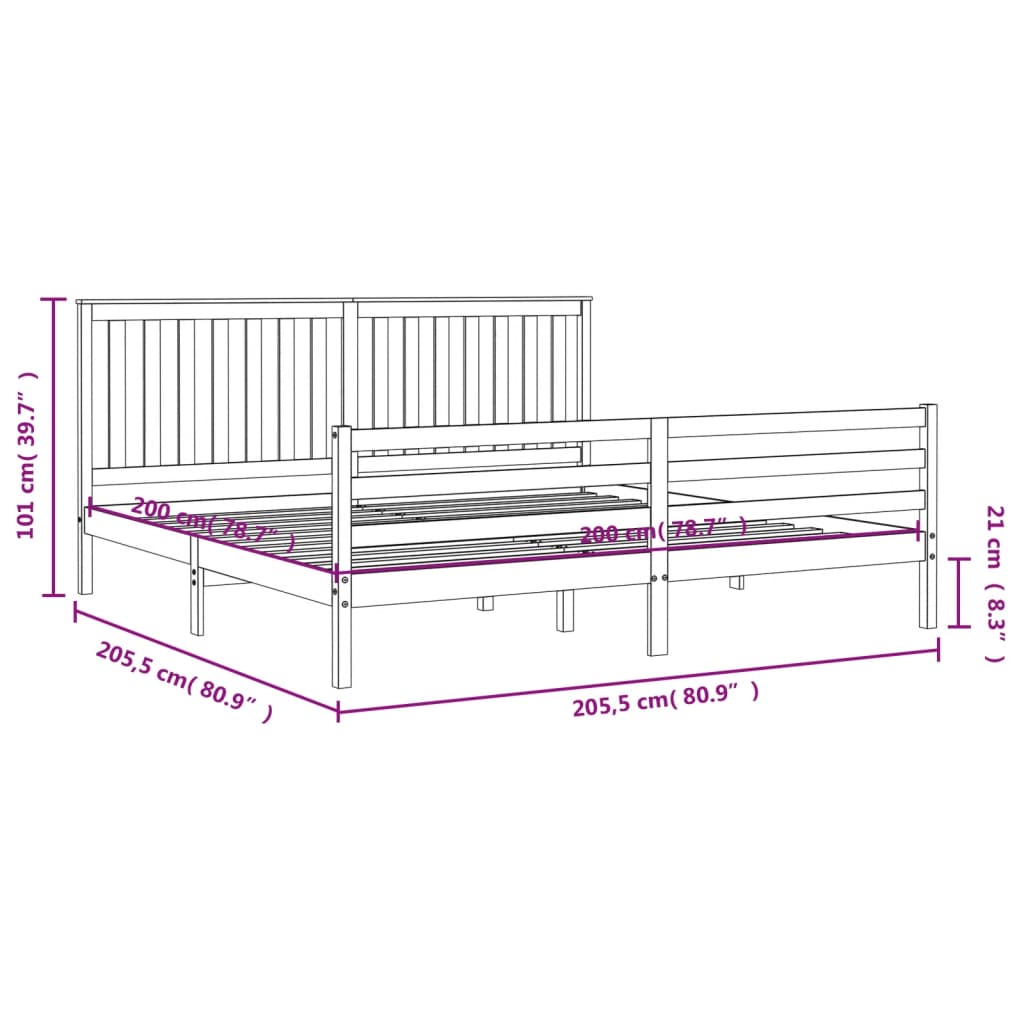 Rám postele s čelem bílý 200 x 200 cm masivní dřevo