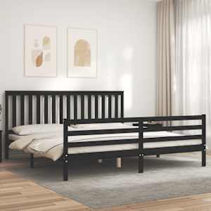 Rám postele s čelem černý 200 x 200 cm masivní dřevo - obrázek 3