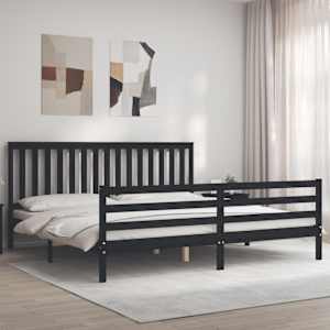 Rám postele s čelem černý 200 x 200 cm masivní dřevo - obrázek 1