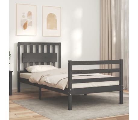 vidaXL Lovos rėmas su galvūgaliu, pilkas, medienos masyvas, vienvietis