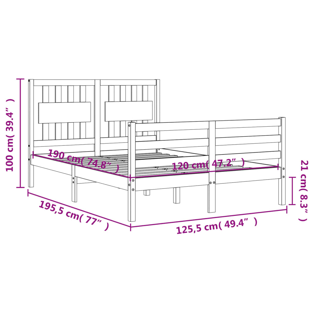 Rama łóżka z wezgłowiem, 4FT, mała podwójna, lite drewno