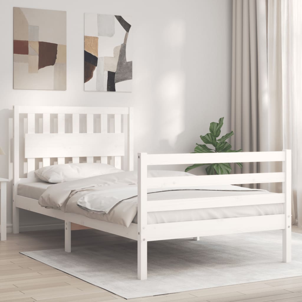 Cadru de pat cu tăblie, alb, 100x200 cm, lemn masiv
