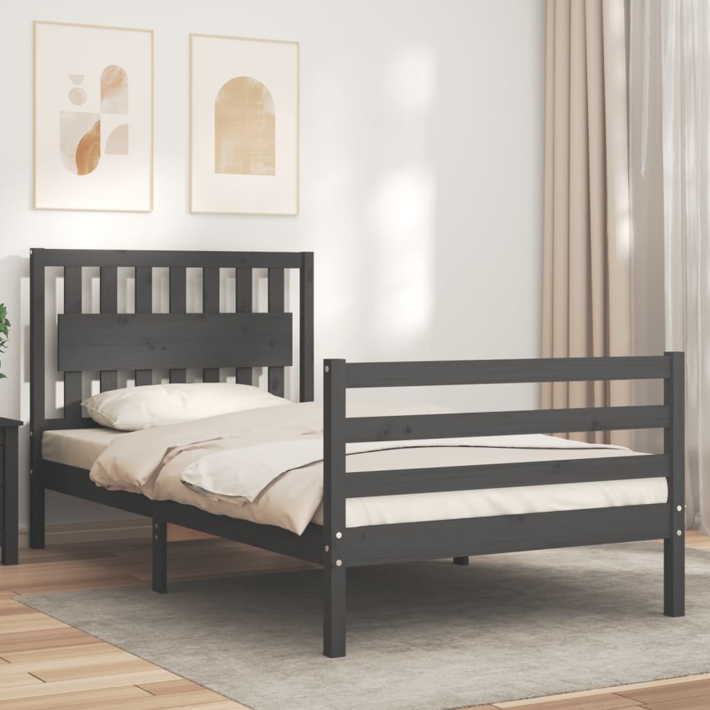 szürke tömör fa ágykeret fejtámlával 100 x 200 cm