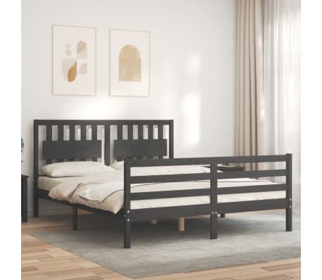 vidaXL Lovos rėmas su galvūgaliu, pilkas, medienos masyvas, didelis