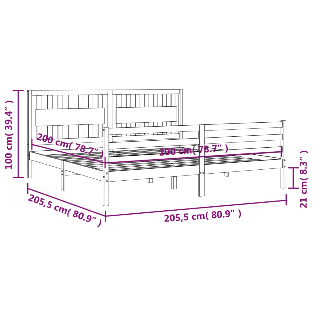 Rám postele s čelem bílý 200 x 200 cm masivní dřevo