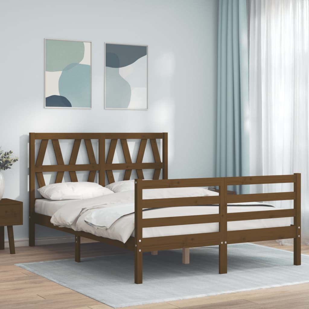 vidaXL Cadru de pat cu tăblie 4FT, dublu mic, maro miere, lemn masiv vidaXL imagine 2022