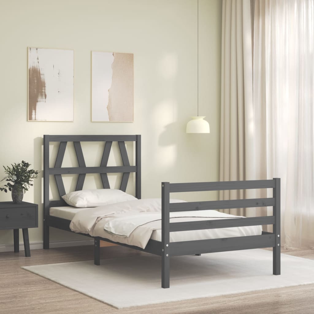 vidaXL Bed Frame with Headboard Grey 90x200 cm Solid Wood