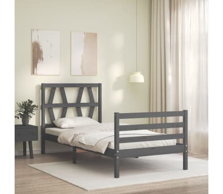 vidaXL Bed Frame with Headboard Grey 90x200 cm Solid Wood