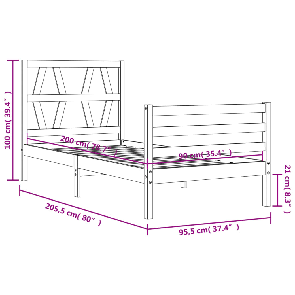 Posteljni okvir z vzglavjem medeno rjav 90x200 cm trden les