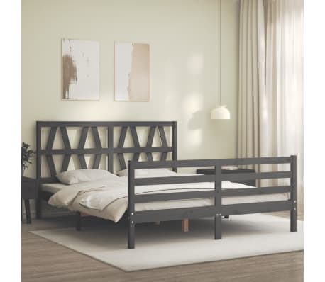 vidaXL Lovos rėmas su galvūgaliu, pilkas, medienos masyvas, didelis