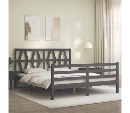 vidaXL Lovos rėmas su galvūgaliu, pilkas, 160x200cm, medienos masyvas