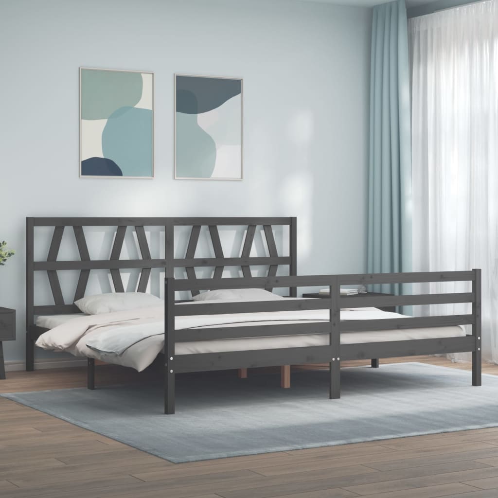 vidaXL Cadru de pat cu tăblie Super King Size, gri, lemn masiv