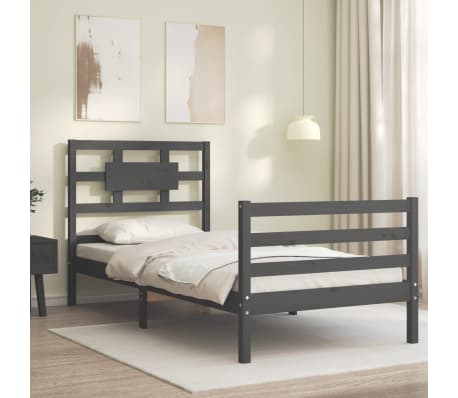 vidaXL Lovos rėmas su galvūgaliu, pilkas, medienos masyvas, vienvietis