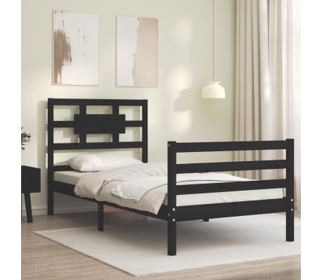 vidaXL Lovos rėmas su galvūgaliu, juodas, medienos masyvas, vienvietis