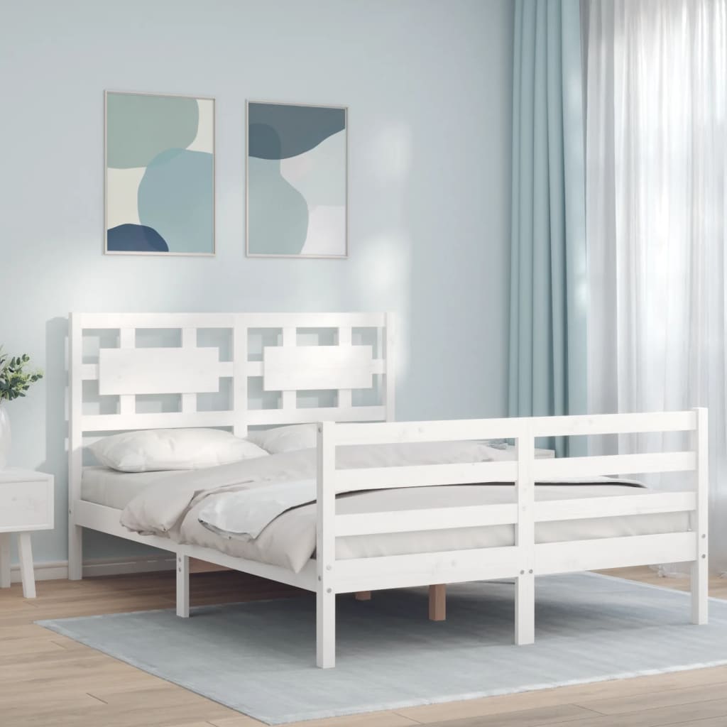 Cadru de pat cu tăblie, 140x190 cm, alb, lemn masiv