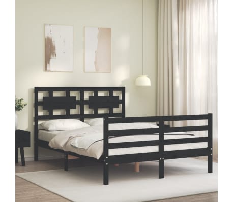 vidaXL Lovos rėmas su galvūgaliu, juodas, 140x190cm, medienos masyvas