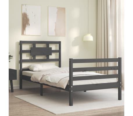 vidaXL Lovos rėmas su galvūgaliu, pilkas, 90x200cm, medienos masyvas