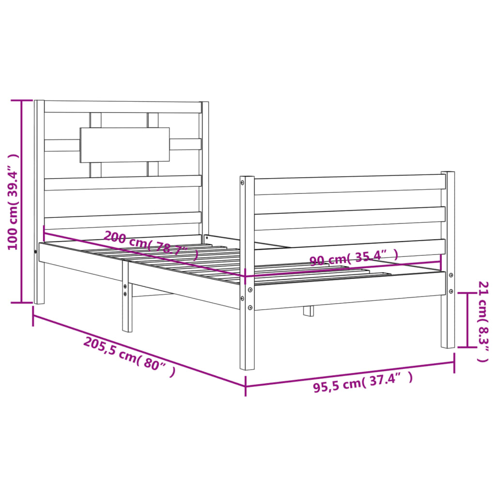 Posteljni okvir z vzglavjem medeno rjav 90x200 cm trden les