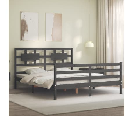 vidaXL Lovos rėmas su galvūgaliu, pilkas, medienos masyvas, didelis