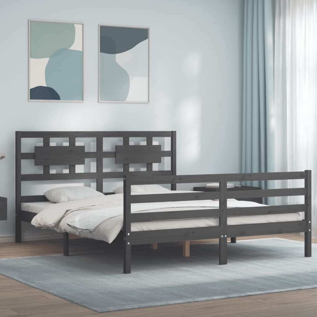 vidaXL Cadru de pat cu tăblie, gri, 160x200 cm, lemn masiv