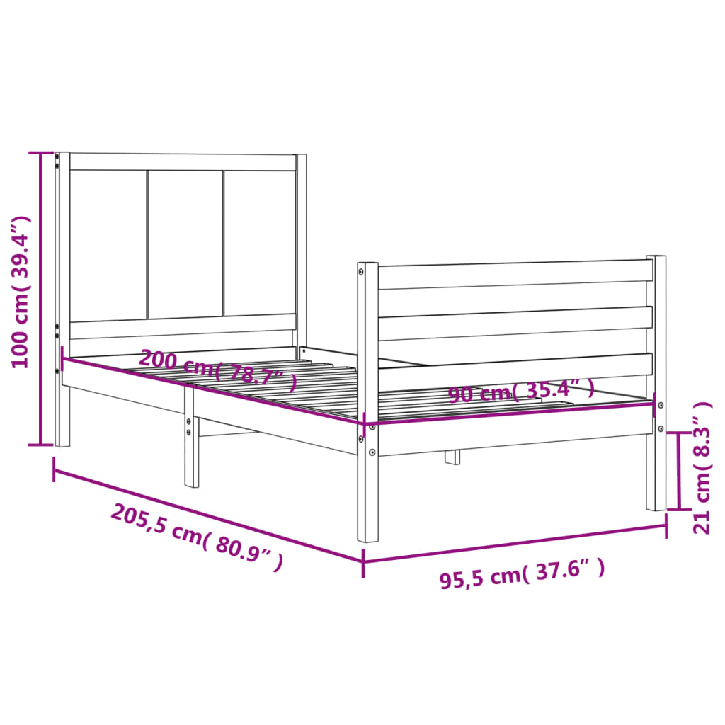 Posteljni okvir z vzglavjem 90x200 cm trden les