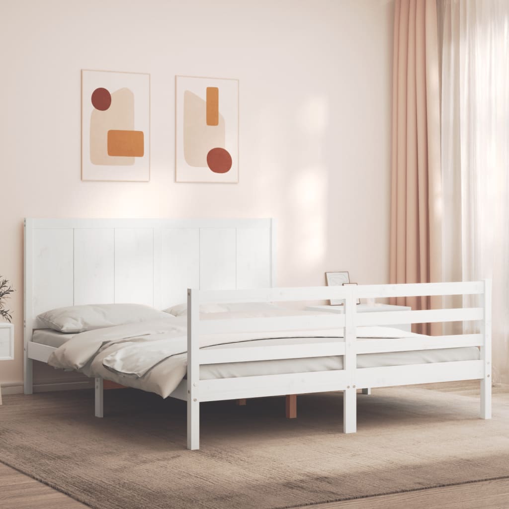 vidaXL Estructura de cama matrimonio con cabecero madera maciza blanco