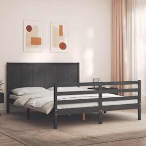 vidaXL Lovos rėmas su galvūgaliu, pilkas, medienos masyvas, didelis