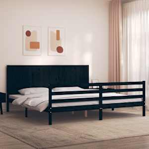 Rám postele s čelem černý 200 x 200 cm masivní dřevo - obrázek 3
