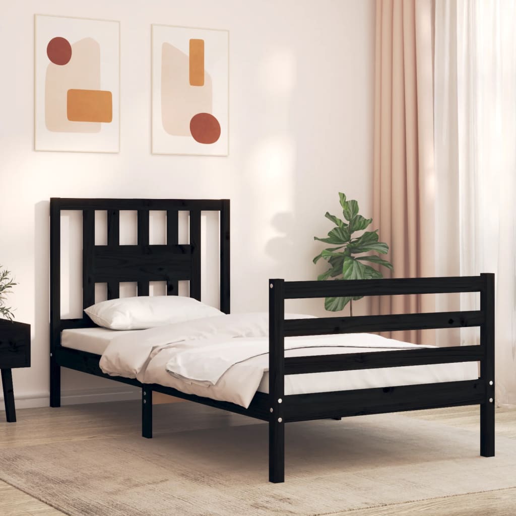 vida XL Massivholzbett mit Kopfteil Schwarz 2Ft6 Small Single