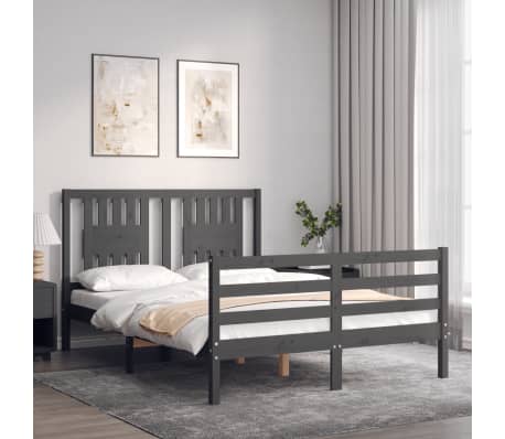 vidaXL Bed Frame with Headboard Grey 140x190 cm Solid Wood