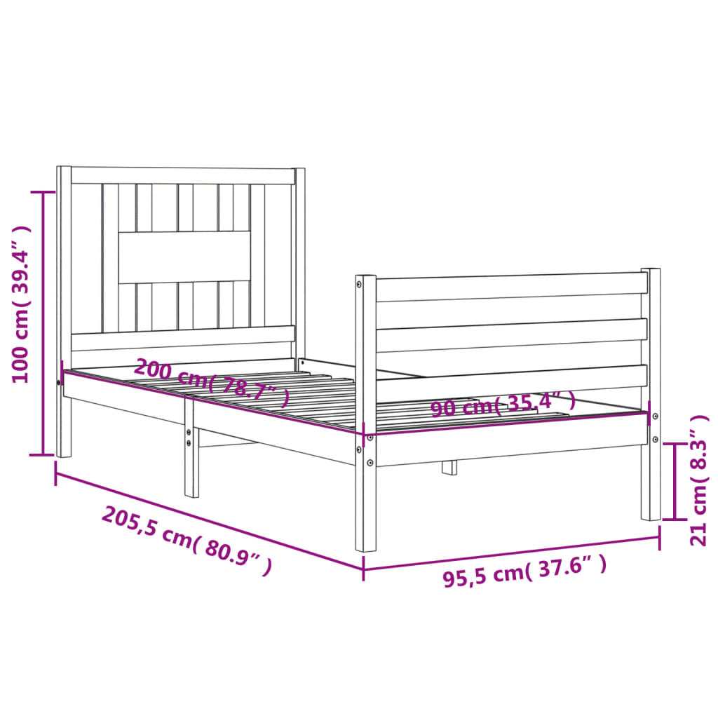 Rám postele s čelem 90 x 200 cm masivní dřevo