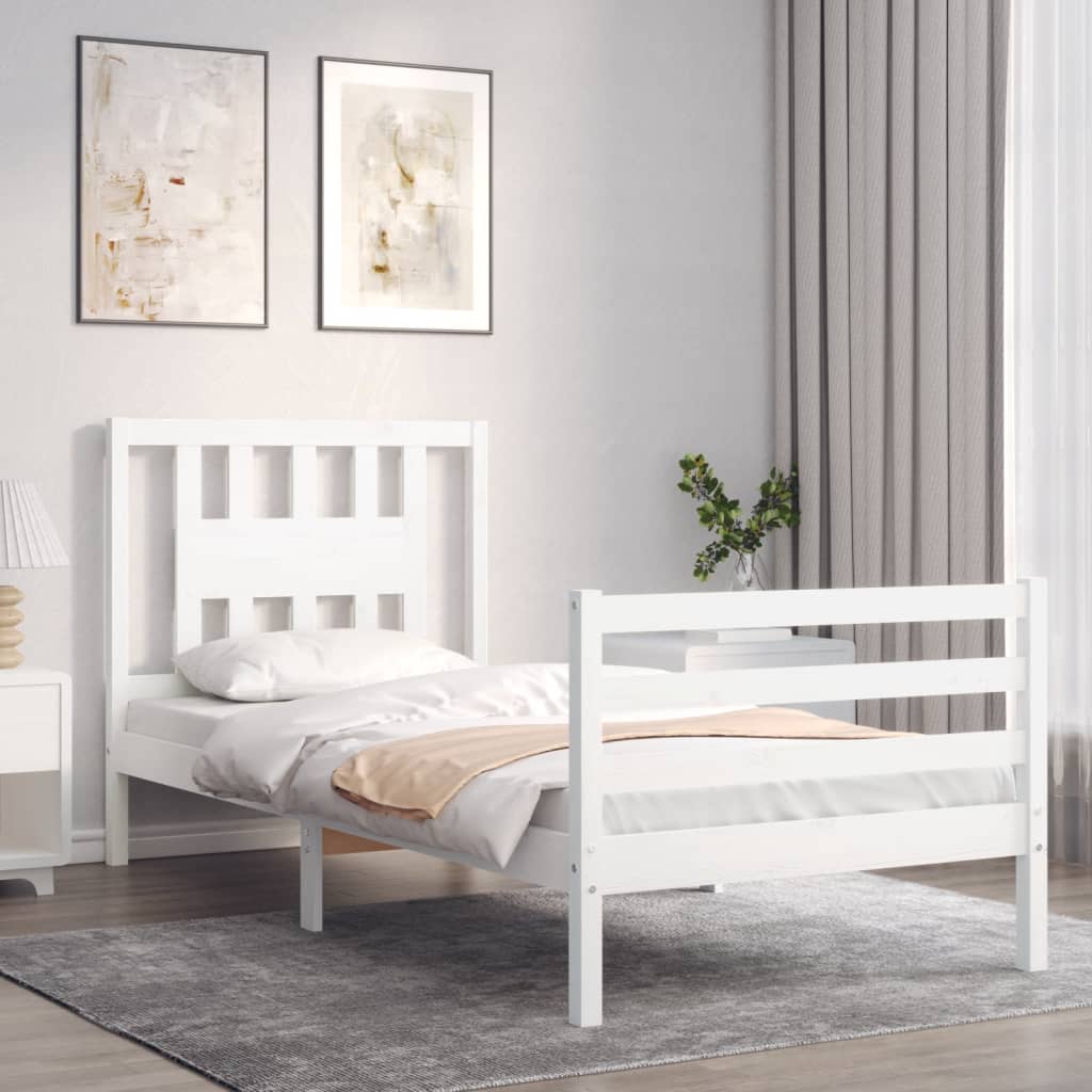 vidaXL Bedframe met hoofdbord massief hout wit 90x200 cm afbeelding
