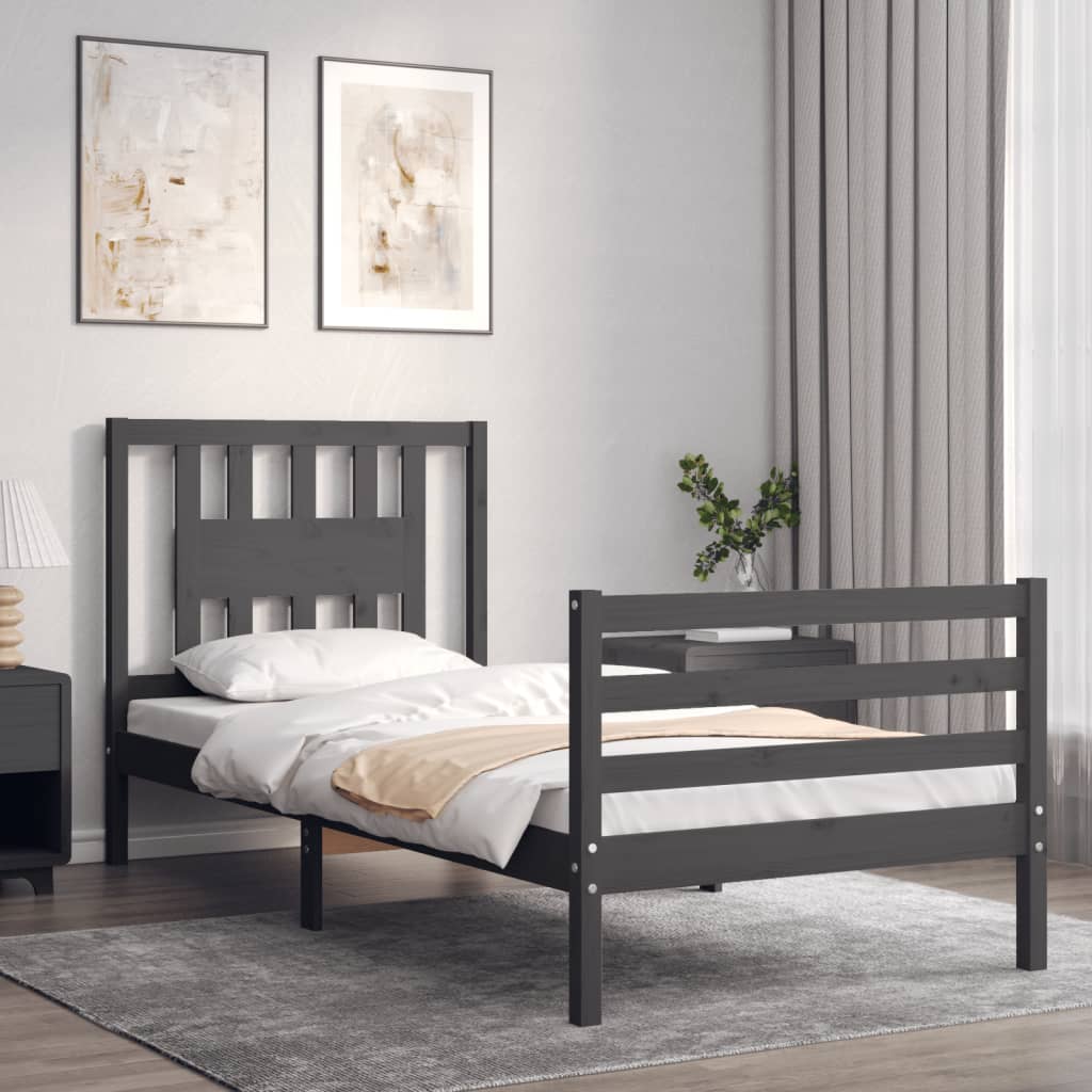 vidaXL Bedframe met hoofdbord massief hout grijs 90x200 cm