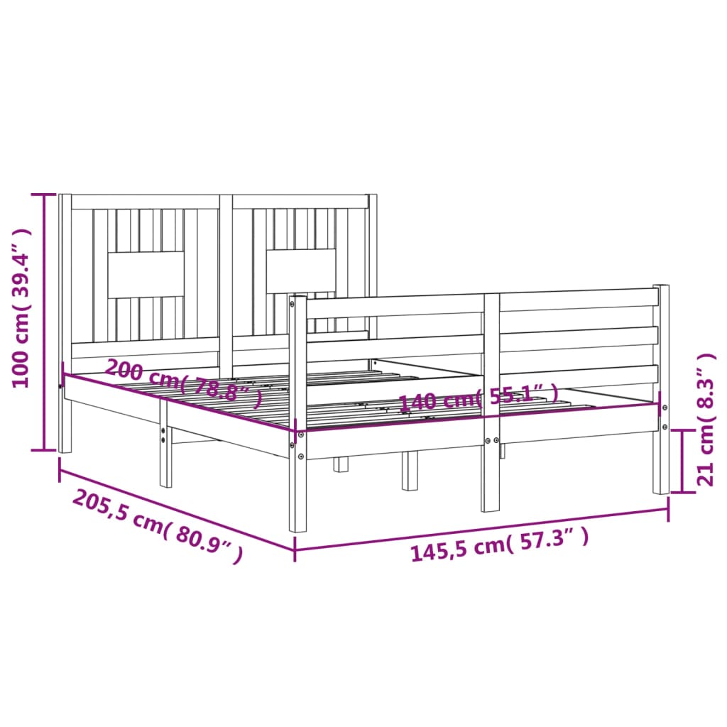 szürke tömör fa ágykeret fejtámlával 140 x 200 cm