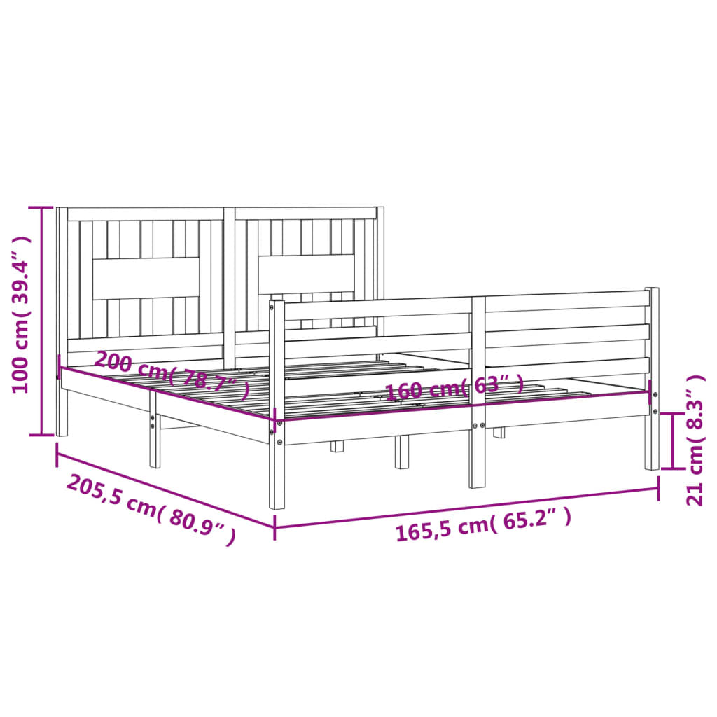 Рамка за легло с табла, черна, 160x200 см масивно дърво