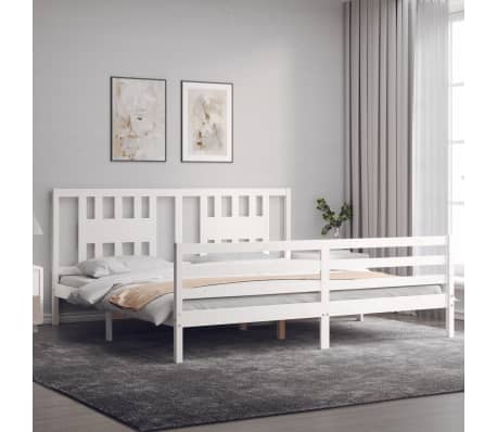 vidaXL Cadru de pat cu tăblie Super King Size, alb, lemn masiv