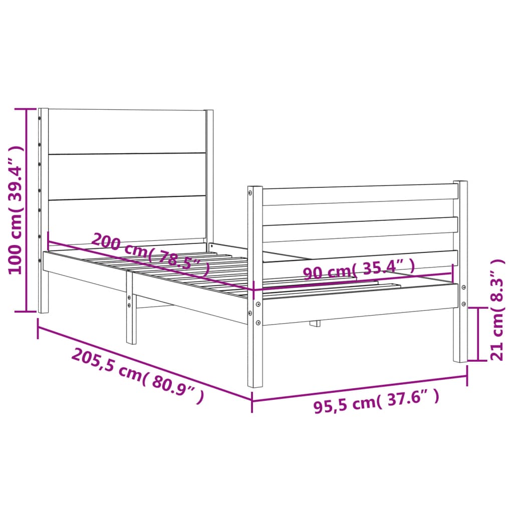 Rám postele s čelem 90 x 200 cm masivní dřevo