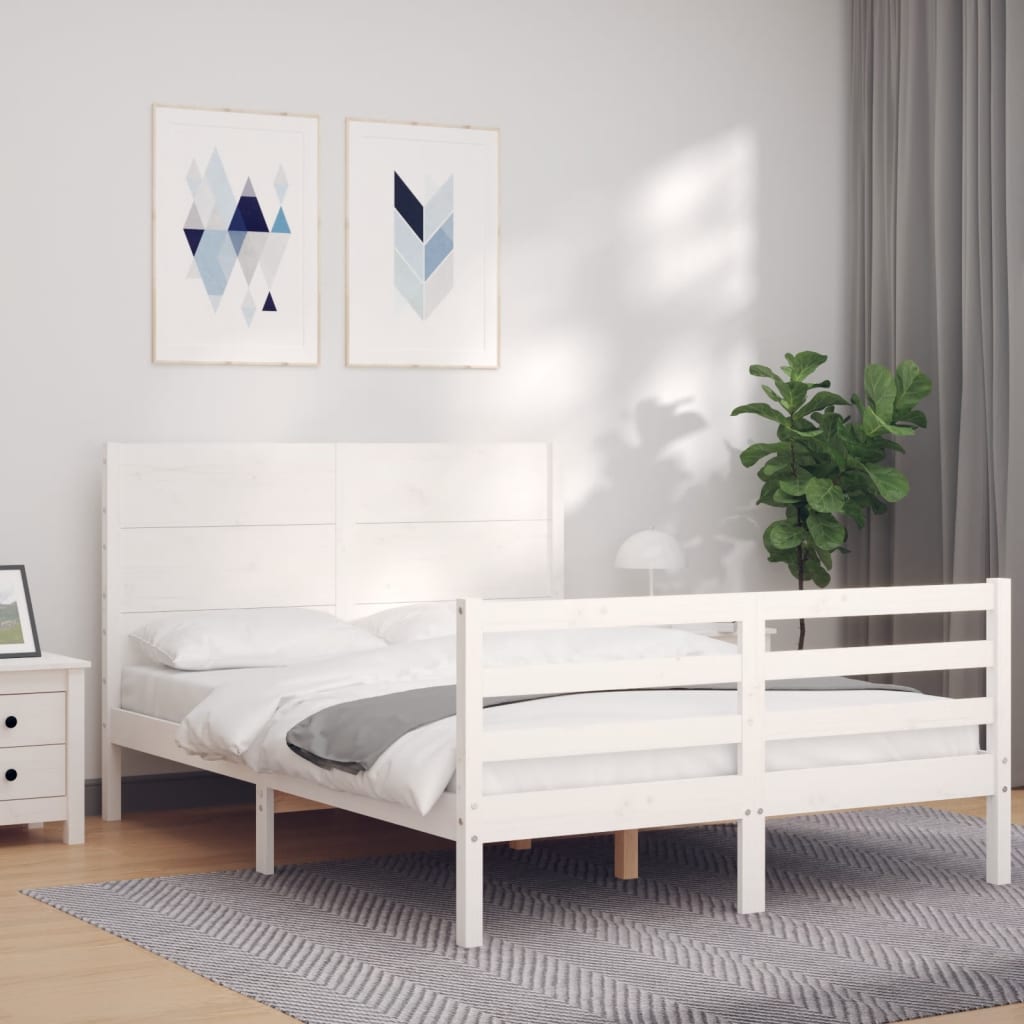vidaXL Bedframe met hoofdbord massief hout wit 140x200 cm afbeelding