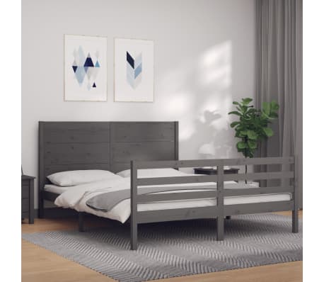 vidaXL Lovos rėmas su galvūgaliu, pilkas, medienos masyvas, didelis